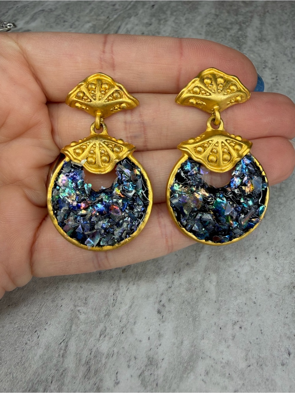 Vintage Inspired Earrings Pierced Matte Gold Tone Iridescent Blue Dangle Jewelry